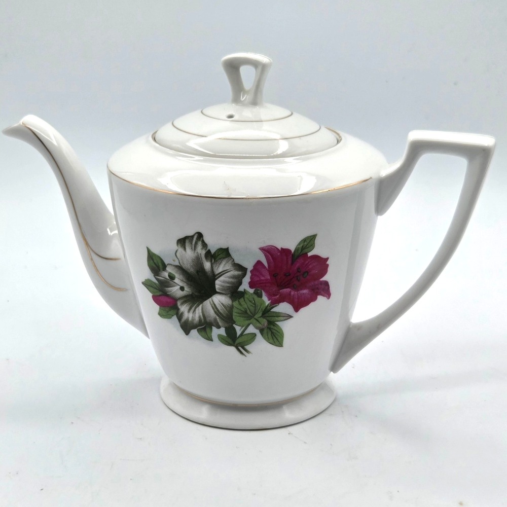 VINTAGE‎ Porcelain Teapot Hibiscus Flowers Delicate Gold Trim